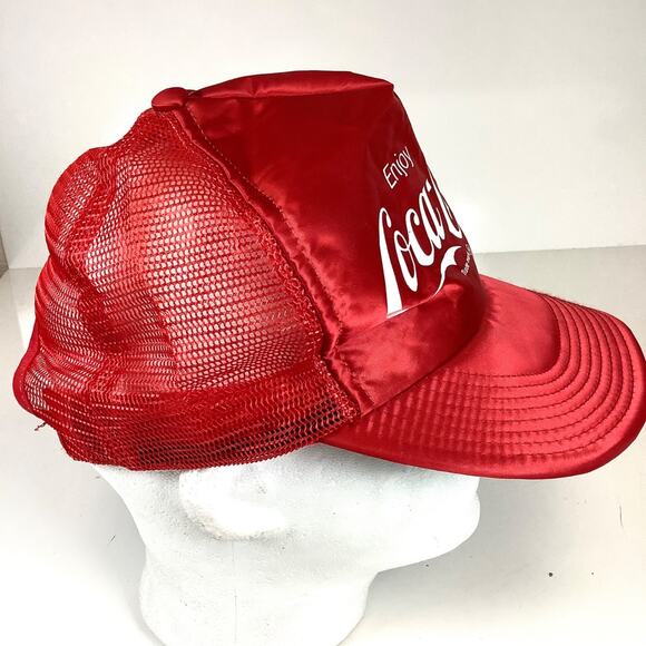 Vintage Enjoy Coca Cola Satin Red Foam Mesh Hat SnapBack Cap Made in USA * NICE! - Picture 7 of 11